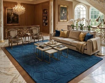 Hand Tufted Navy Blue Wool Rug, Geometric Area Rug, Modern Luxury Carpet, Contemporary Living Room Rug, Custom Wool Rug 4x6ft 5x7ft 9x12ft.