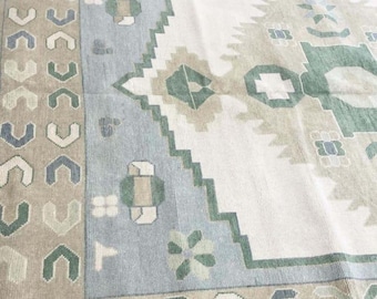 Hand Knotted Oushak Rug, Turkish Vintage Area Rug, Sage Green Blue Wool Carpet, Neutral Handmade Living Room Rug 4x6ft 8x10ft 9x12ft 12x15ft