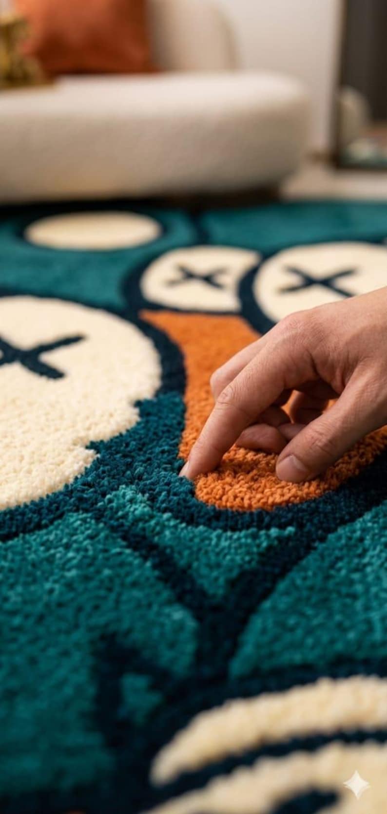 May include: A tufted rug featuring a graphic design with large cream-coloured circular shapes, each marked with a black "X" symbol. The background is a deep teal, accented by a vibrant orange section. The texture is thick, plush, and high-pile.