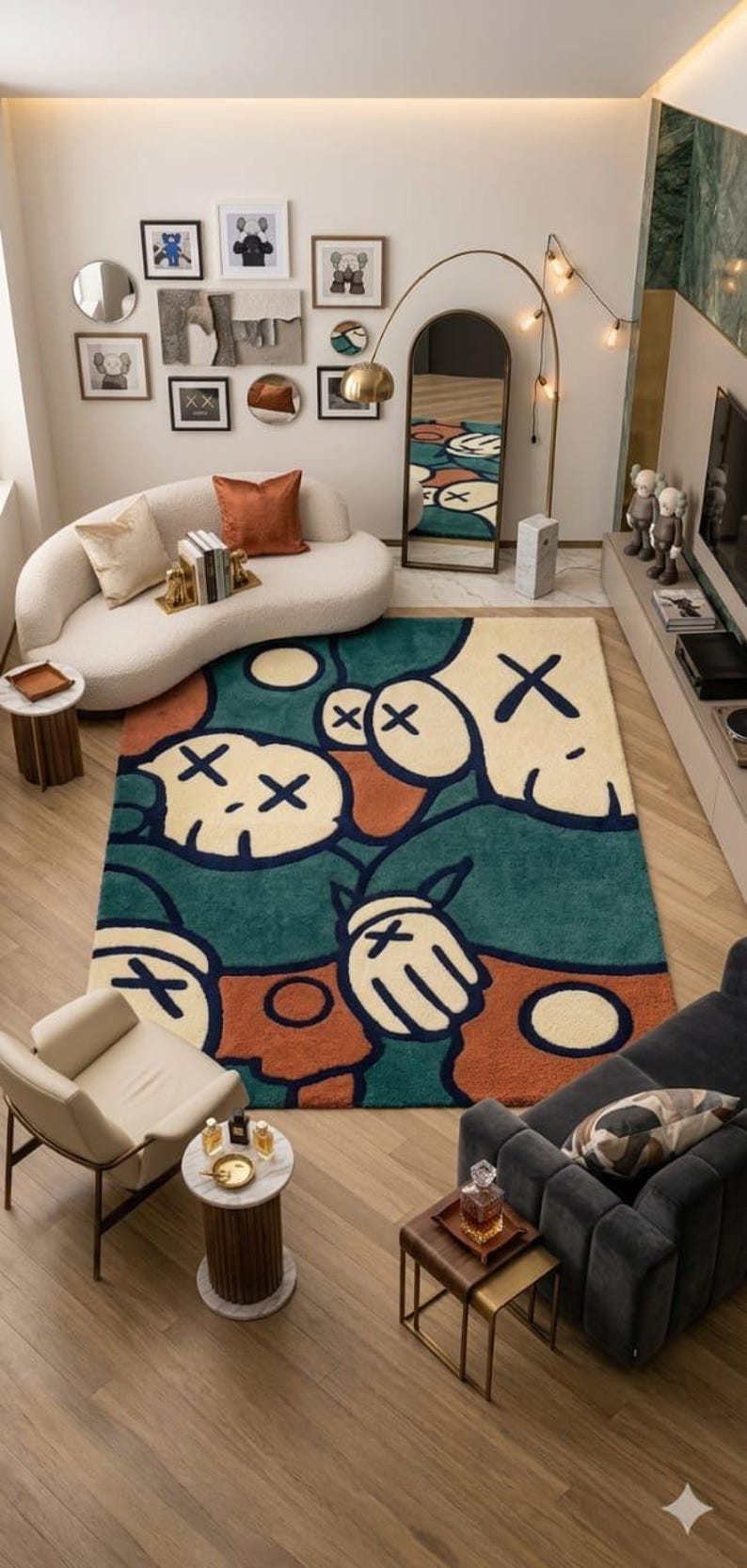 May include: A rectangular area rug featuring a graphic pattern with cartoon-style hands and faces with X-shaped eyes in shades of teal, cream, and burnt orange. The design includes bold black outlines and circular shapes on a textured surface.