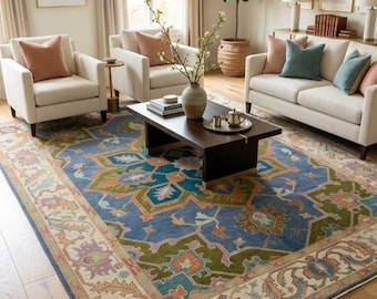 Hand Knotted Blue Oushak Rug, Vintage Turkish Area Rug, Large Wool Rug, Handmade Floral Carpet, Luxury Living Room Rug 8x12ft 15x16ft 5x8ft.