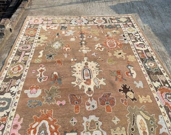 Hand Knotted Oushak Rug, Vintage Turkish Style Area Rug, Large Wool Carpet, Neutral Beige Brown Rug, Handmade Boho Living Room Rug 8x10ft.