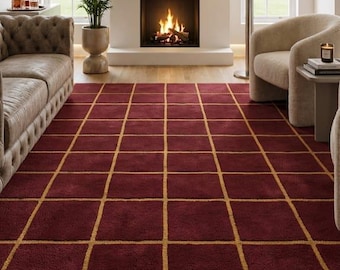 Burgundy Grid Rug, Hand Tufted Wool Area Rug, Modern Geometric Carpet, Luxury Living Room Rug, Custom Handmade Rug 7x10ft 12x16ft 12x18ft .