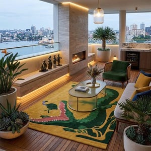 Può includere: Un balcone esterno con vista sulla città. Presenta un tappeto giallo con un motivo di alligatore verde, un camino, una poltrona verde e un divano con cuscini. Piante in vaso e un tavolino in vetro completano la scena.
