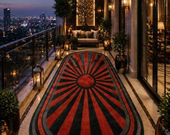 Hand Tufted Wool Runner Rug Red Black Sunburst, Art Deco Hallway Rug, Luxury Modern Carpet, Oval Corridor Rug Custom Size