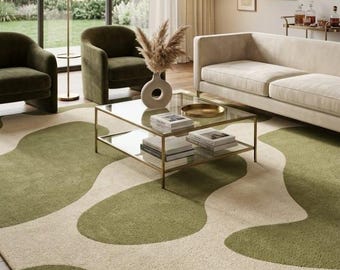Abstract Green Hand Tufted Wool Rug, Modern Area Rug, Luxury Living Room Rug, Contemporary Designer Custom Carpet 8x10ft 9x12ft 8x12ft.
