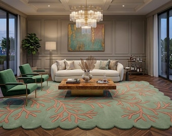 Coral Shape Hand Tufted Wool Rug, Sage Green Abstract Area Rug, Coastal Luxury Rug, Designer Custom Carpet 4x6ft 8x10ft 6x6ft 8x8ft 3x16ft.