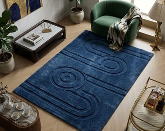 Hand Tufted Navy Blue Wool Rug, Modern Geometric Area Rug, Abstract Minimalist Carpet, Luxury Living Room Rug, Custom Rug 6x9ft 10x12ft 6ft.