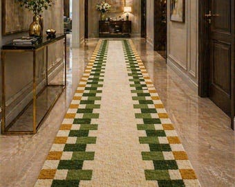 Hand Tufted Wool Runner Rug, Green Checkered Border Rug, Long Hallway Rug, Modern Geometric Carpet, Luxury Entryway Runner 3x16 ft 2.6x10ft.