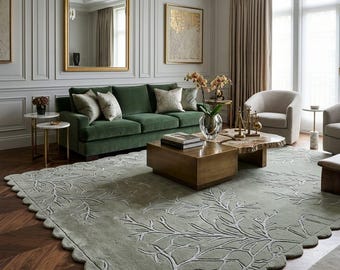 Sage Green Coral Rug, Hand Tufted Wool Rug, Scalloped Edge Area Rug, Luxury Modern Living Room Carpet, Custom Handmade Rug 4x6ft 8x10ft.