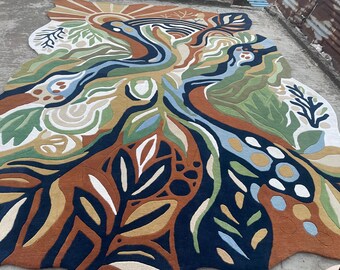 Hand Tufted Wool Rug, Abstract Organic Area Rug, Modern Art Carpet, Irregular Shape Rug, Luxury Boho Living Room Decor 12x16ft 8x10ft 6x9ft.