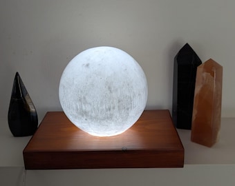 Large Selenite Sphere Dimmable LED Lamp. 17cm high. USB fitting.