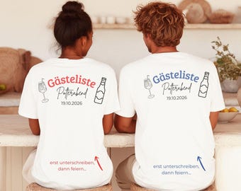 Polterabend Gästeliste Shirt  –  Gästebuch zum Anziehen – Braut & Bräutigam T-Shirt mit Datum – Gäste unterschreiben Shirt – Hochzeit 2026