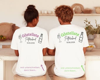Polterabend Gästeliste Shirt  –  Gästebuch zum Anziehen – Braut & Bräutigam T-Shirt mit Datum – Gäste unterschreiben Shirt – Hochzeit 2026