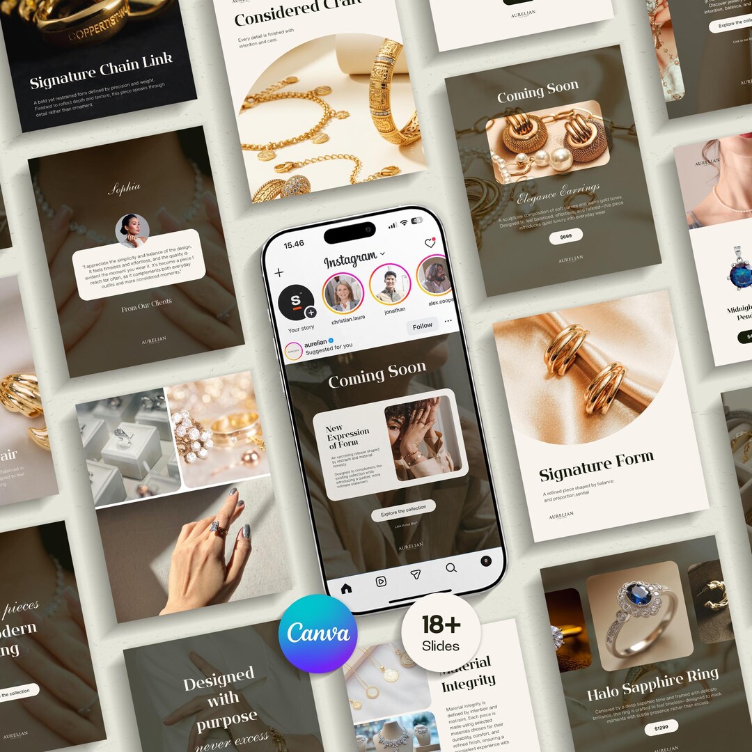 Luxury Jewelry Instagram Template Canva | Elegant Minimalist Social ...