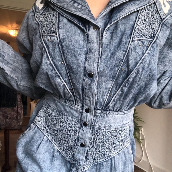 PADO California Vintage 80’s denim jumpsuit original with shoulder pads removable size 8-14 S-M