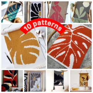 Puede incluir: Una colección de diez tapices de pared hechos a mano con varios patrones abstractos de hojas y flores. La paleta de colores incluye tonos de naranja, amarillo, negro, blanco y verde. Cada pieza está hecha con hilo y montada sobre varillas de madera, mostrando un estilo bohemio moderno.