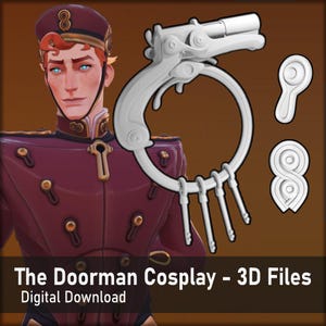 Pode incluir: Download digital para "The Doorman Cosplay" com um adereço impresso em 3D. O adereço inclui um anel grande com um topo em forma de pistola, várias chaves e dois elementos decorativos adicionais. A imagem também mostra um personagem com uniforme bordô.
