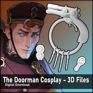 May include: A digital illustration of a character with red hair and glowing blue eyes wearing a uniform, alongside 3D model files of a circular ring with four hanging keys and two decorative emblems. Text reads: The Doorman Cosplay - 3D Files.