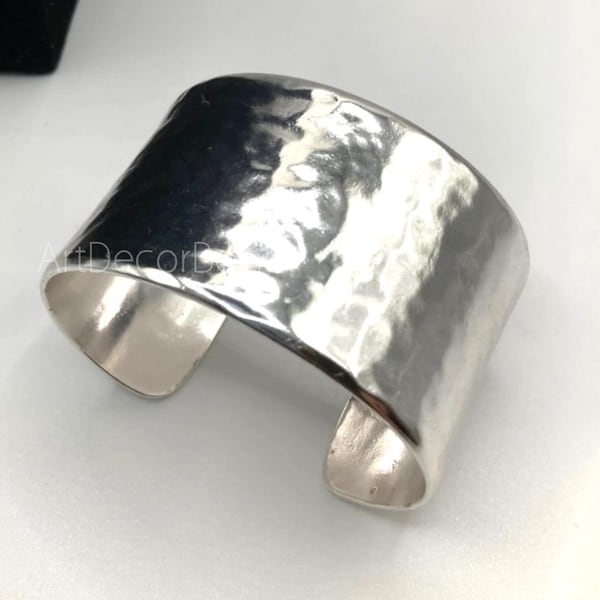 Solid Sterling Silver Hammered Wide Cuff, Minimalist Statement Bangle, Adjustable Textured Silver Bracelet