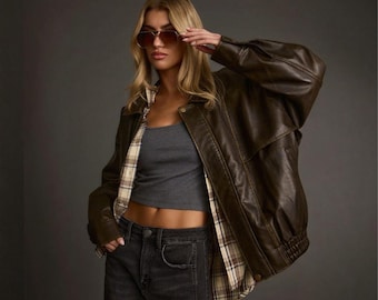 Oversized vintage echt bruin leren jack uit de jaren 80: retro bomberjack met boxy pasvorm