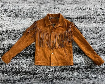 Vintage western-cowboy suède leren jack met franjes – retrobruin handgemaakt koeienleerjack