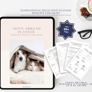Könnte beinhalten: Ein digitaler Umzugsplaner für das Ausland mit Haustier-Checkliste auf einem Tablet-Bildschirm, der einen Hund und eine Katze unter einer Decke zeigt. Enthält zusätzliche gedruckte Seiten, ein sternförmiges Abzeichen mit Over 30+ Pages und Text.