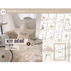 Kit completo per la nascita in stile boho da stampare: calendario "I miei primi" e 13 biglietti per celebrare le tappe dell'arrivo del bambino