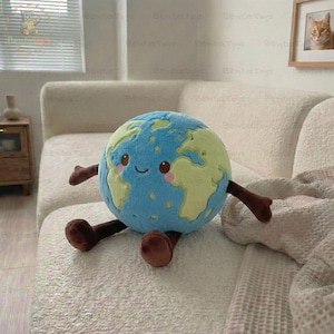 Happy Earth Plush Toy, Adorable Space Planet Plushie, Cuddly Science Globe Cushion, Kawaii Stuffed Solar System, Orbit Soft Toy Gift