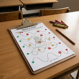 Spåra och stoppa-spel, aktivitetsblad för pennkontroll, förskoleövning (A4 PDF-nedladdning)