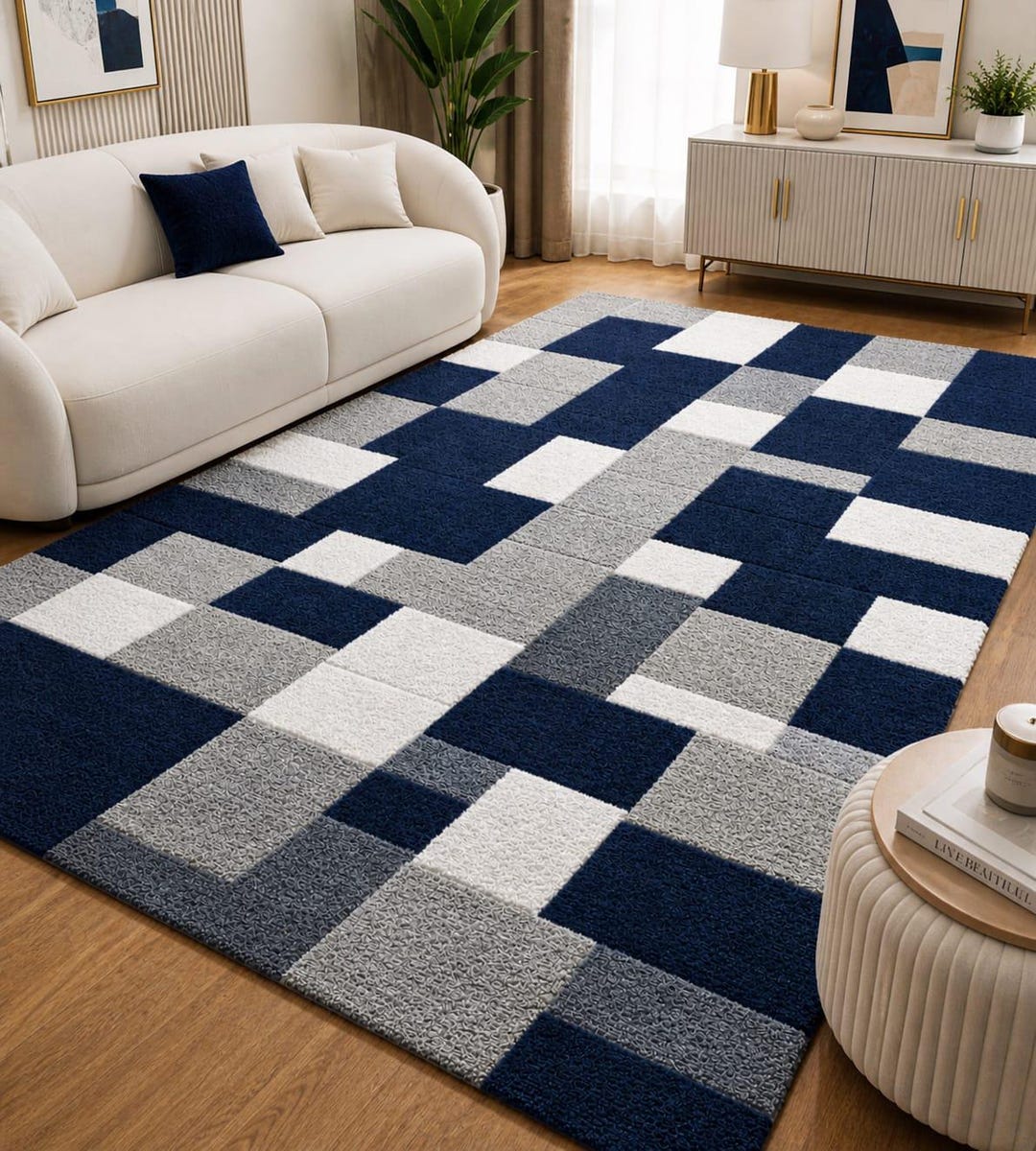 Navy Blue Grey Geometric Rug, Modern Minimalist Color Block Tufted Wool ...