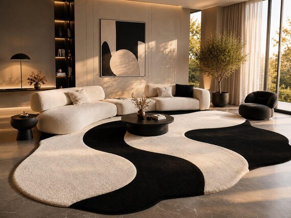 Modern Black and White Abstract Area Rug, Organic Shape Hand Tufted Wool Carpet for Contemporary Living Room Décor
