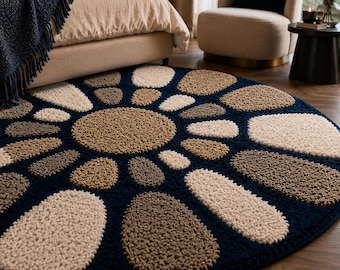 Luxus-Marineblauer Kieselsteinteppich - Handgefertigter runder Teppich für moderne Wohnzimmerdekoration