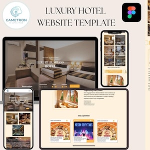 Könnte beinhalten: Digitales Mockup einer Luxushotel-Website-Vorlage, angezeigt auf einem Tablet, Smartphone und Laptop. Die Website zeigt Hotelzimmerbilder, Details zur Veranstaltungsplanung und Werbegrafiken. Der Text enthält "LUXURY HOTEL WEBSITE TEMPLATE" und "LUXURY BUSINESS HOTEL".