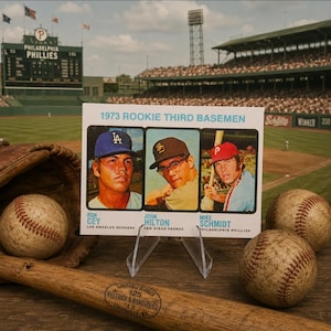 May include: A 1973 Rookie Third Basemen baseball card featuring Ron Cey, John Hilton, and Mike Schmidt. The card is displayed on a clear stand alongside a wooden Louisville Slugger bat and three worn baseballs, with a stadium background.