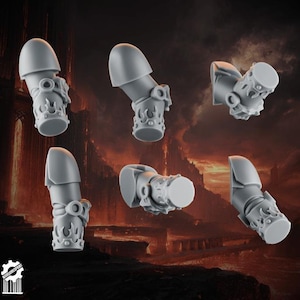 May include: Six gray plastic miniature arm components, possibly for a tabletop game. Each piece features a rounded upper section and a detailed lower section with flame-like designs and circular accents. The background shows a fiery, hellish landscape.