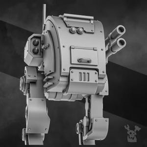 May include: A grey, unpainted miniature walker vehicle featuring a boxy main chassis, two articulated mechanical legs, a dual-barrel cannon mounted on the side, a side-mounted sensor array, and a vertical antenna extending from the top rear section.