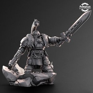 May include: A detailed gray miniature figure of a warrior in ornate armor, holding a large sword. The figure stands on a rocky base, with a fur-lined shoulder piece and intricate detailing. The Adeptus Miniatures logo is in the upper right corner.