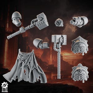 Può includere: Una collezione di componenti di gioco di guerra in miniatura grigi non verniciati. Il set include un martello, pezzi di elmo, armatura per le spalle con cotta di maglia e un mantello strappato. Lo sfondo presenta un paesaggio apocalittico infuocato.