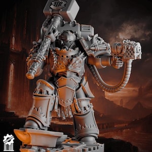 May include: A detailed gray figurine of a heavily armored warrior, wielding a large hammer and a futuristic gun. The figure stands on a base with an anvil, showcasing intricate armor and mechanical details. The overall design suggests a science fiction or fantasy theme.