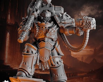 May include: A detailed grey figurine of a heavily armoured warrior, wielding a large hammer and a futuristic gun. The figure stands on a base with an anvil, showcasing intricate armour and mechanical details. The overall design suggests a science fiction or fantasy theme.