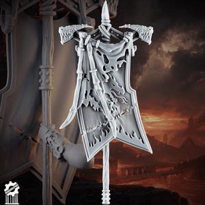 May include: A detailed, gray banner with a dragon design, perfect for tabletop gaming. The banner features a dragon emblem, intricate cutouts, and is held by a pole with a decorative finial. The banner is flanked by two dragon heads.