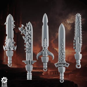 May include: Five gray miniature swords with detailed designs, including a chainsaw blade, are displayed against a dark, blurred background. Each sword features unique hilt and blade styles, showcasing intricate craftsmanship. The swords are likely for tabletop gaming or model building.