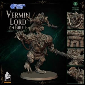 May include: A grey resin miniature of a Vermin Lord on Brute, featuring a rat-like creature mounted on a larger armoured beast. The figure holds a weapon and wears detailed plate armour. Text includes Dragon's Lake Miniaturas and Vermin Swarm.