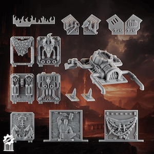 May include: A collection of gray plastic miniature terrain pieces for tabletop gaming. Includes various wall sections, a furnace, flames, and other decorative elements. The pieces are designed to create a detailed and immersive gaming environment.