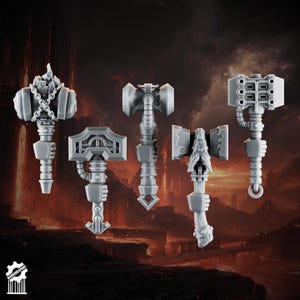 May include: A collection of five gray miniature hammers with various designs. One hammer features a chain, another has a geometric shape, and others have detailed heads. The hammers are likely for tabletop gaming or miniature crafting.