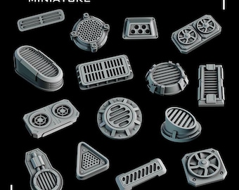 May include: A selection of grey miniature sci-fi terrain pieces, including vents, grates, and circular components. The text "WARZONE MINIATURE" is at the top, and "PRE-SUPPORTED" is at the bottom. These pieces are designed for tabletop gaming.