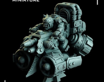 May include: A gray miniature figure of a rider on a futuristic vehicle. The vehicle has two large front turbines and multiple weapon barrels. The rider is wearing a helmet and armor. The text "WARZONE MINIATURE" is at the top, and "PRE-SUPPORTED" is at the bottom.