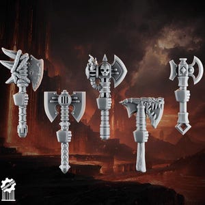 May include: A collection of five gray fantasy axes with unique designs. One axe features a skull, another has a dragon head, and others have intricate details. The axes are displayed against a dark, textured background.