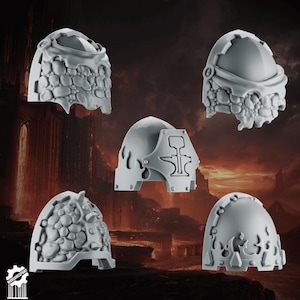 May include: Five gray shoulder armor pieces with various designs. Two pieces have a textured, rock-like appearance. One features a hammer and anvil emblem. Another has a flame-like design. The background is a dark, fiery landscape.